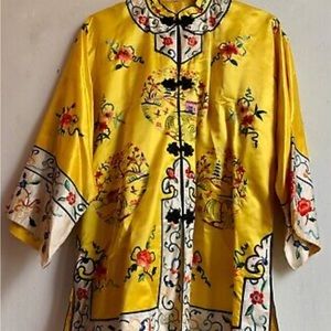 Chinese Silk Rayon Embroidered Yellow & Black Sz L  (jacket & black silk pants )